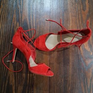 LORD & TAYLOR 424 FIFTH. RED SUEDE ANKLE TIE, HIGH HEEL SANDAL. Sz 8.5